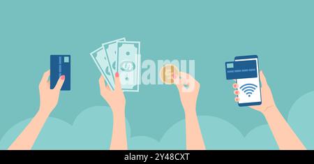 Female hands holding card, banknotes, coin and smartphone with contactless payment. Payment methods set. Flat vector illustration Stock Vector