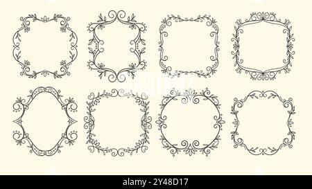 Cute swirl decorative frame collection. Vintage style. Hand-drawn floral set, isolated on white background. Vector illustration. Stock Vector