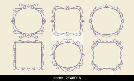 Cute swirl decorative frame collection. Vintage style. Hand-drawn frame set, isolated on white background. Vector illustration. Stock Vector