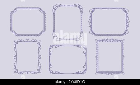 Cute decorative frame collection. Vintage style. Hand-drawn frame set, isolated on white background. Vector illustration. Stock Vector