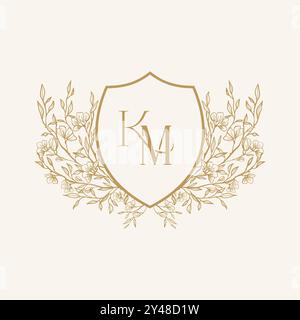 Elegant classical wedding floral crest with KM initial letter. Can be used in invitations card, business logo, personal logo. vector illustration Stock Vector