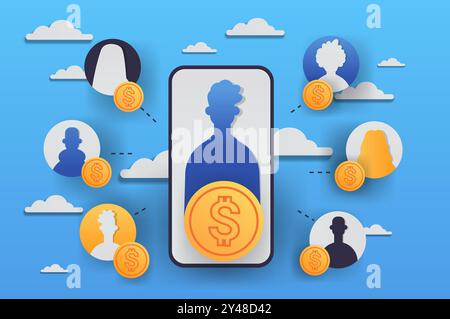 Mobile payment connections concept with user silhouettes coins and clouds on a blue background paper cut style Stock Vector