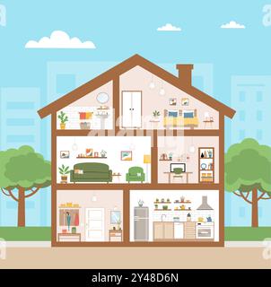 House interior in cut. Сross sectional view of bath, kitchen, living room, hallway, cabinet, bedroom. Stock Vector