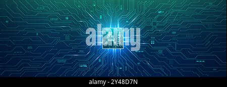 Horizontal technology banner. Abstract tech blue-green background. Stock Vector