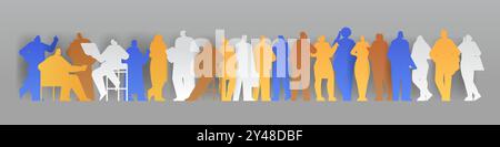 Silhouette figures of people in various poses colorful paper cut style group illustration on gray background Stock Vector