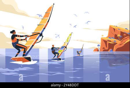 Windsurfers on ocean near cliffs and seagulls in sky colorful dynamic water sport scene coastal landscape Stock Vector