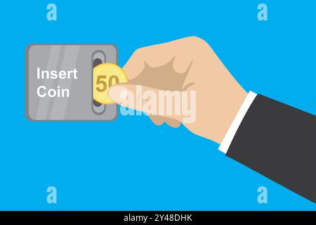 Cartoon hand inserting coin to slot on Vending Machine. Money and body part isolated on blue background. Vector illustration flat design Stock Vector