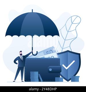 Wallet with money and businessman hold umbrella. Safe shield on background.Finance protection concept. Bank deposit insurance. Handsome male character Stock Vector