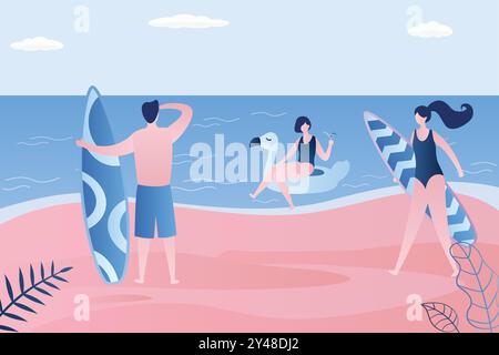 Ocean coast, people actively relax at sea. Two surfers with boards and beauty woman with cocktail sits on a rubber ring. Tropical landscape and human Stock Vector