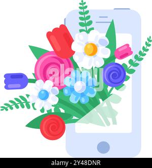 Vector graphic illustration of spring bouquet blooming out from a phone in a vibrant solid cartoon style. Delightful mix of flowers and green leaves. Stock Vector