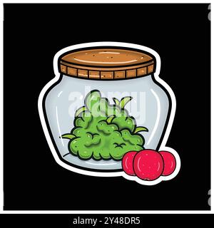Cranberry Fruit Flavor With Cartoon Mascot of Weed Bud On Jar. For Sticker and label. Vector and Illustration. Stock Vector