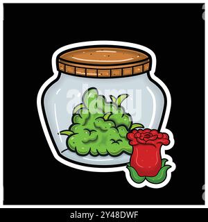 Rose Flavor With Cartoon Mascot of Weed Bud On Jar. For Sticker and label. Vector and Illustration. Stock Vector
