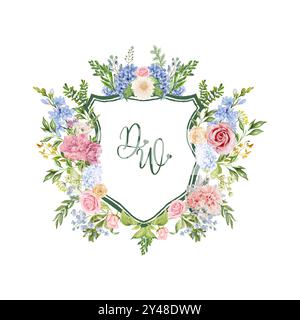Watercolor floral wreath design with the initials DW in elegant script font, pastel-colored flowers such as roses, hydrangeas, peonies and greenery. Stock Vector