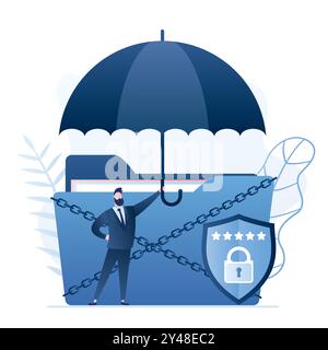 Sensitive Data, Antivirus security concept background. Data protection. Handsome businessman hold safety umbrella, security shield with lock. Male cha Stock Vector