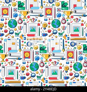 Vibrant seamless pattern with stationary, successful management, and creative process symbols in flat cartoon style. Creators work and achieve success Stock Vector
