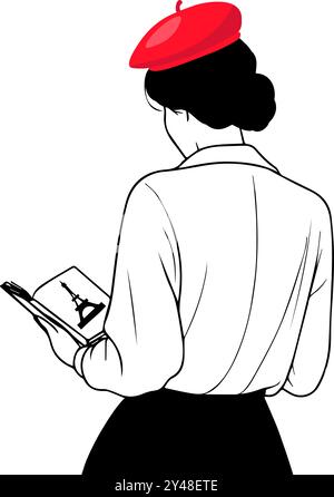French woman reading book with Eiffel tower in line art style Stock Vector