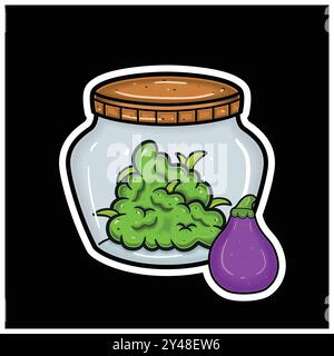 Fig Fruit Flavor With Cartoon Mascot of Weed Bud On Jar. For Sticker and label. Vector and Illustration. Stock Vector