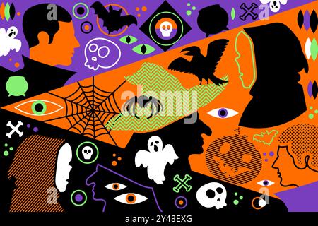 Colorful neon vector Halloween concept illustration featuring witch, vampire, spider, ghosts, pumpkin, bat, skulls, web, and eyes in cartoon style. Pa Stock Vector