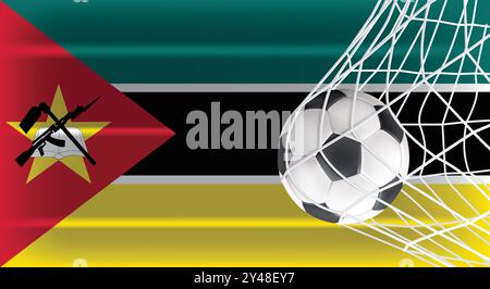 Soccer or Football ball in Goal Net Isolated on Mozambique Shaded Flag, Sports Accessory Equipment for Playing Game, Championship and Competition Stock Vector