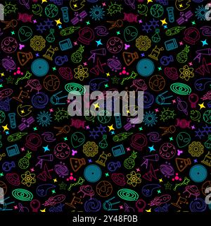 Vector graphic neon seamless pattern with planets, moons, stars, celestial bodies, orbiting satellites symbols in a cartoon outline style. Wonders of Stock Vector