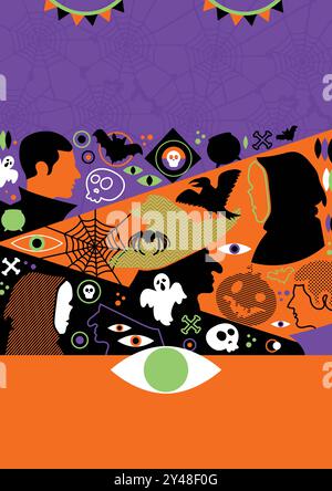 Colorful neon vector Halloween poster template featuring witch, vampire, spider, ghosts, pumpkin, bat, skulls, web, and eyes in neon bright cartoon st Stock Vector