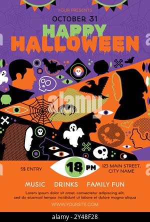 Colorful neon vector Halloween poster template with text featuring witch, vampire, spider, ghosts, pumpkin, bat, skulls, web, and eyes in neon bright Stock Vector