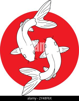 Hand drawn Koi carp on red background for auspiciousness of Chinese new year.Gold fish for festival on backdrops.Beautiful line art of koi fish. Stock Vector