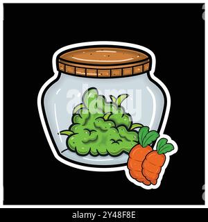 Carrot Fruit Flavor With Cartoon Mascot of Weed Bud On Jar. For Sticker and label. Vector and Illustration. Stock Vector