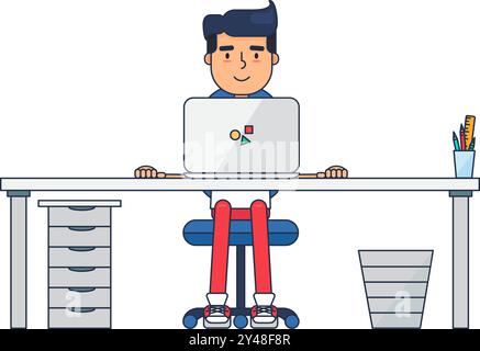 Student programmer solves test task at computer. Workplace of office employee at table. Simple cartoon vector concept illustration isolated on white b Stock Vector