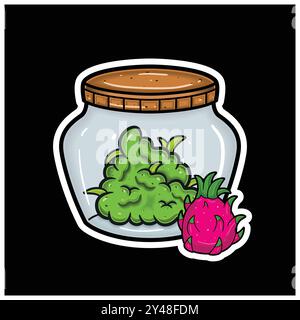 Dragon Fruit Fruit Flavor With Cartoon Mascot of Weed Bud On Jar. For Sticker and label. Vector and Illustration. Stock Vector