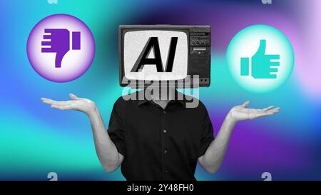 Artificial intelligence debate good or bad, thumbs up and thumbs down icon. Black and white illustration on colorful gradient background Stock Vector