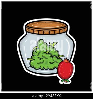 Pomegranate Fruit Flavor With Cartoon Mascot of Weed Bud On Jar. For Sticker and label. Vector and Illustration. Stock Vector