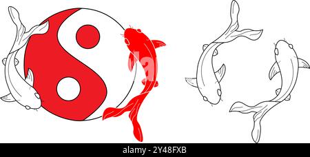 Yin Yang Koi Fish Japanese Style Vector Art Illustration on Isolated Background. Koi fish vector. Stock Vector