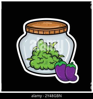Eggplant  Fruit Flavor With Cartoon Mascot of Weed Bud On Jar. For Sticker and label. Vector and Illustration. Stock Vector