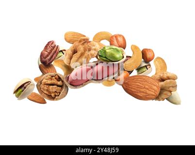Pecan and other nuts in air on white background Stock Photo