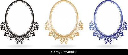 three oval frames with ornate decorative designs isolated white backgrounds for paintings, mirrors or photo, paper craft printable designs Stock Vector