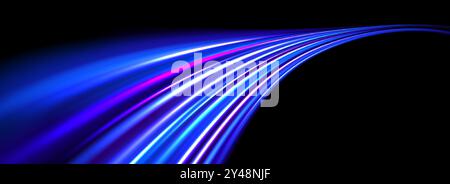 Glowing neon light trail background. Bright blue purple speed lines. Magic luminous curved road concept. Abstract bent dynamic motion stripes. Shiny streaks for poster, banner, flyer. Vector Stock Vector