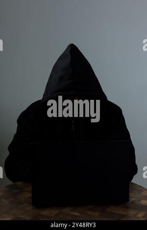 A Man Wearing  Balaclava Sat Behind a Laptop, on White Background. Carding Internet Security Concept Stock Photo