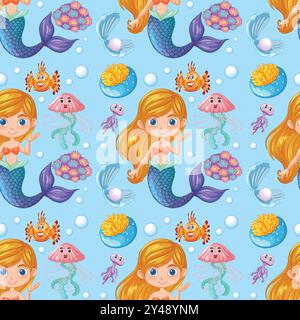 Mermaids and sea creatures in a seamless pattern Stock Vector
