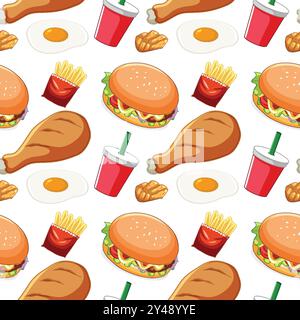 Colorful fast food items in a repeating pattern Stock Vector