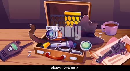 Detective or spy equipment and investigation tools in open case on table - radio and handcuffs, flashlight and camera with film tape, black hat and magnifying glass, gun with bullets on newspaper. Stock Vector