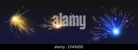 Weld starburst fire and spark effect on dark background. Flare from work of electric welding machine for metal surface. Realistic 3d vector set of sparkler circular flame with flying lightnings. Stock Vector