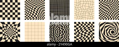 Black and white retro groovy psychedelic checkerboard set in retro hippie style. Y2k aesthetic. Vector illustrations isolated on white background Stock Vector