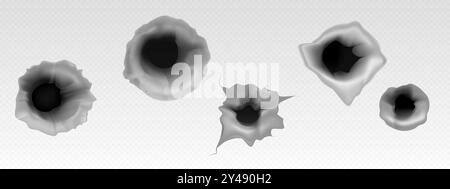 Hole from gun shot and bullet breaking through surface. Realistic 3d vector illustration set of gunshot mark in metal target. Military weapon impact and damage, violence and destruction concept. Stock Vector