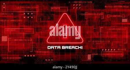 Data breach screen, malware cyber attack alert, internet ransomware. Vector hacked system danger sign features exclamation mark inside a triangle, surrounded by red binary code and data patterns Stock Vector