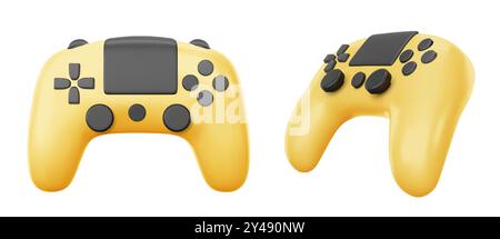 Yellow video game console control joystick. Realistic 3d vector illustration set of computer gamepad with sticks and buttons. Electronic hand joypad. Player controller for leisure and entertainment Stock Vector