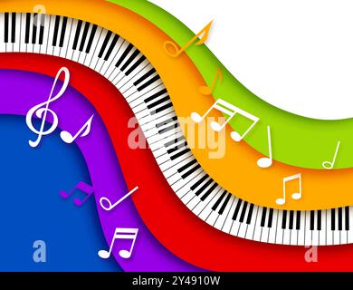 Paper cut music piano. Vibrant background featuring colorful 3d vector papercut waves, musical notes, treble clef and piano keys for concert invitation or classic musical festival performance promo Stock Vector