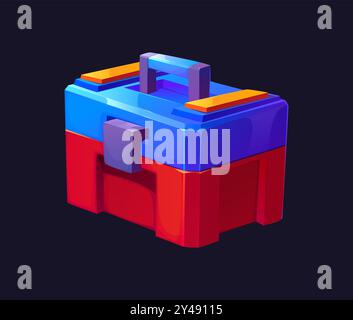Cartoon futuristic sci fi game toolbox, space chest. Isolated vector case for storing tools and equipment with a sturdy handle, combining blue and red colors, conveys functionality and organization Stock Vector