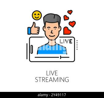 Social media blogging or line streaming line icon. Blogger influence, web multimedia technology or Internet blogging linear vector icon. Social media video thin line pictogram with streamer character Stock Vector