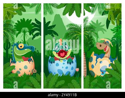 Cartoon funny dino kids in egg shell. Cute and adorable dinosaur babies hatching from colorful eggs in a lush, tropical jungle forest. Vector vertical cards with playful newborn children reptiles Stock Vector